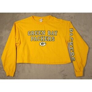 Green Bay Packers Cropped Tshirt Womens Yellow Large Long Sleeve Spellout NFL